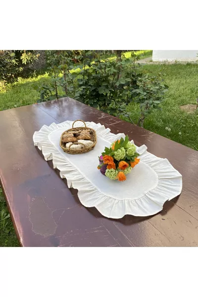 Home % Katoen Beige Raw Linnen Ovalen Runner met Ruches  cm