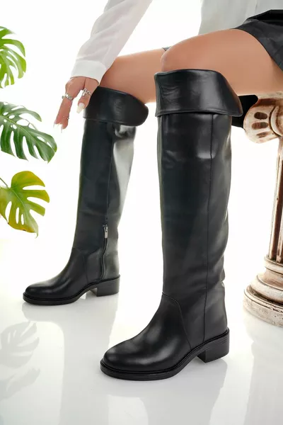 ICONA MODEL GENUINE LEATHER LONG KNEE FOLDED SIDE ZIPPER CASUAL WOMEN'S BOOTS