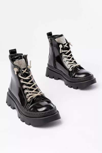 الفتيات الأسود براءات الاختراع والجلود عالية وحيد سستة الرباط أحذية الحجر