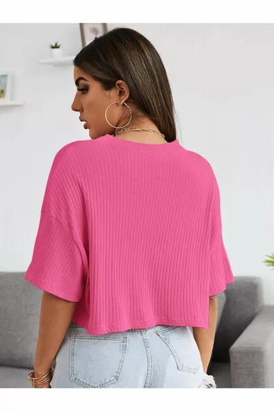 المرأة الوردي كبير الحجم مضلع الخصر المحاصيل بلوزة