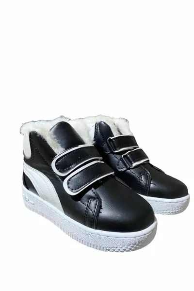 Unisex Jongens Meisjes Bont Winter Klittenband Anatomische Zool Gestikte Laarzen Zwart & Wit