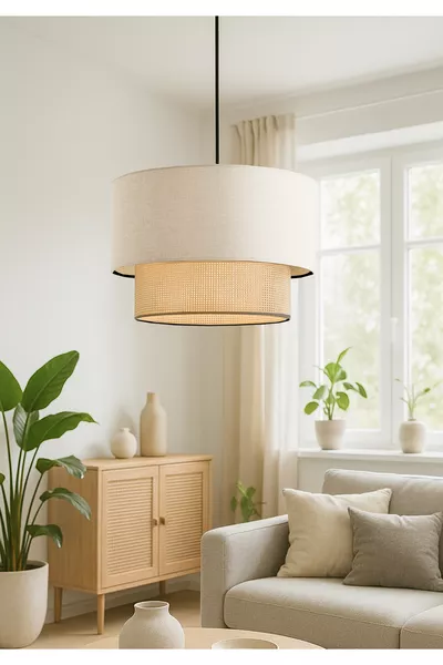 Pendant Chandelier with Cream Speckled Shade and Original Inner Fabric