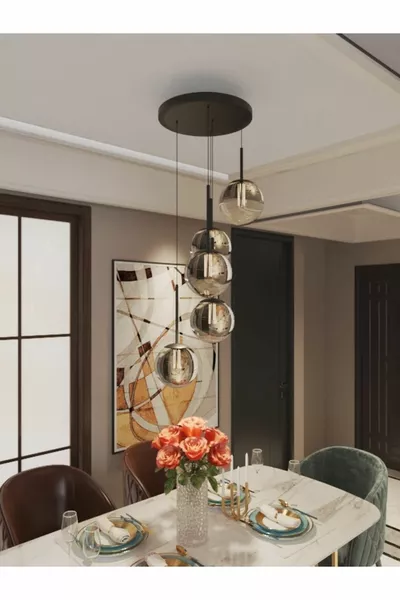 Vega Pendant Chandelier Ball 5-Light with Smoky Globe Glass, Black Durable Frame, Modern Stylish Design Lamp/Chandelier