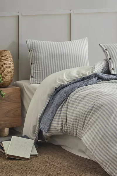 Easy Boho Blauwe Dubbele Gewassen Draadgeverfde Dekbedovertrekset