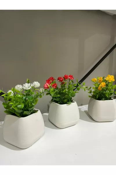 Küçük Boy Saksıda Yapay Çiçek Bitki 3 Adet, Gerçekçi Yapay Çiçek Masa Dekoru