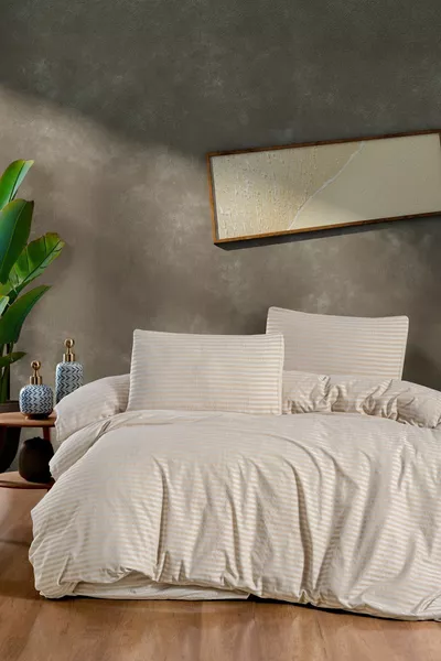 Постельное бельё с резинкой для двуспальной кровати, сатин, кремовое