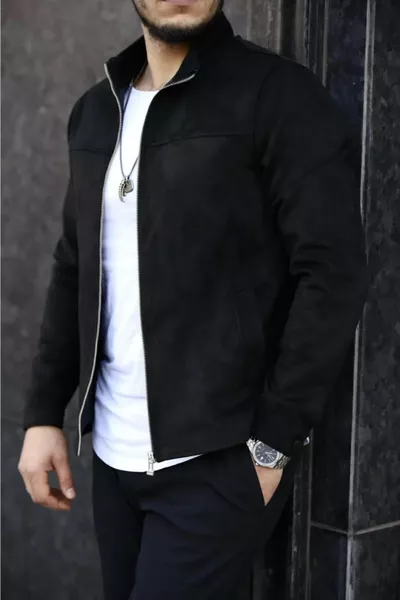 Мужская черная замшевая весенняя куртка с высоким воротником