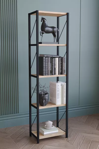 رف كتب معدني ضيق بخمسة رفوف مكتبة ديكورية من خشب البلوط