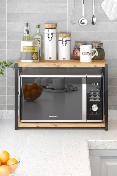 Кухненски плот с метален рафт за микровълнова печка, поставка за чай и кафе, поставка за буркани