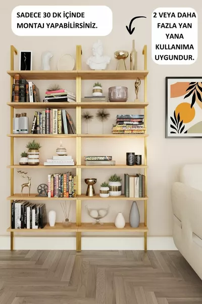 Нова библиотека Gold Metal, с 6 рафта за стена, стена от бор за рафтове, мебели