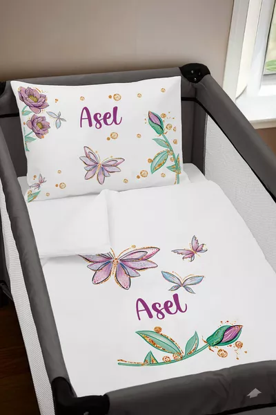 Personalisierte  Parkbett-Bettwäsche Set Lila Schmetterlinge