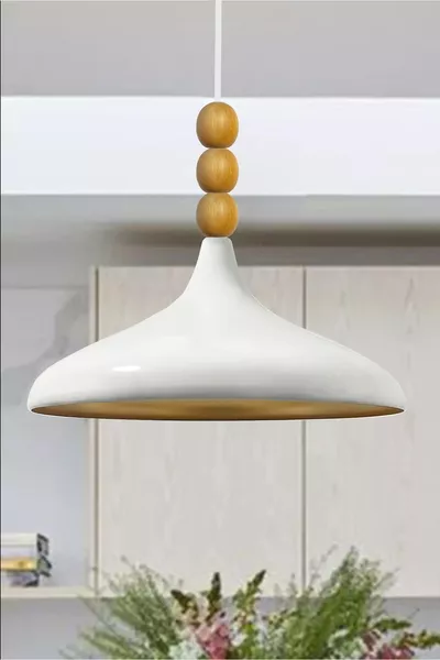 Lampadario a Sospensione Singolo con Perline in Legno Bianco Champion per Soggiorno, Cucina, Boutique, Illuminazione