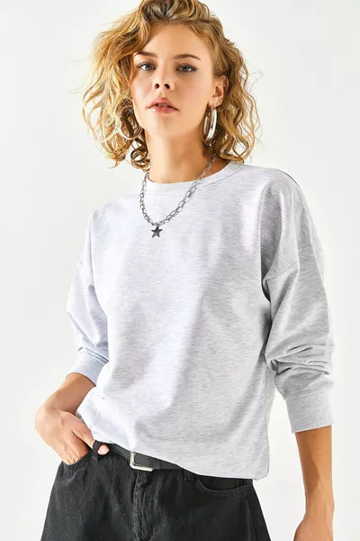 Дамски сив меланж базов меко текстуриран свободен суитшърт 