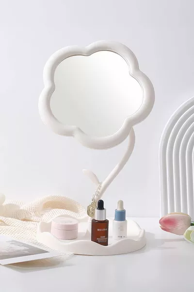 Desktop White Plastic Daisy Makeup Table Mirror Jewelry Stand by