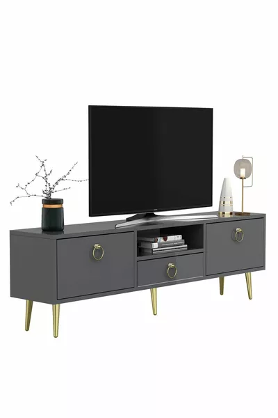 وحدة تلفاز دروب ذات بابين، رفوف وأدراج، لون أنثراسيت-ذهبي