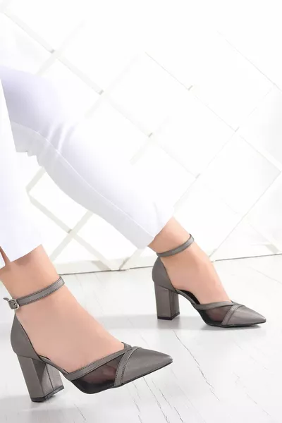 ميلي أنثراسايت الساتان شبكة أحذية سهرة ذات كعب سميك