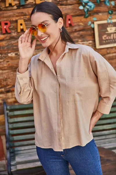 قميص نسائي بيج جيب رث كتان 