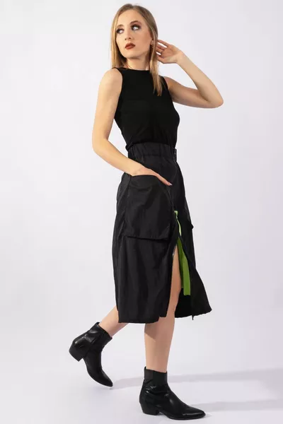 Grün gefütterter Fallschirmrock mit Reißverschluss und gefütterter Tasche für Damen