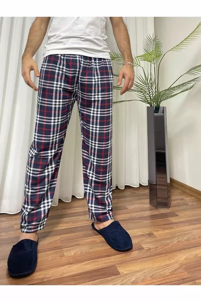 Herren Schlafanzughose ohne Taschen mit elastischem Bund, Jogginghose, Dunkelblau Kariert