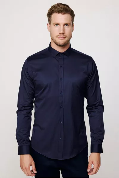 Chemise Homme Bleu Marine Slim Fit à Manches Longues en Coton Satiné Extensible