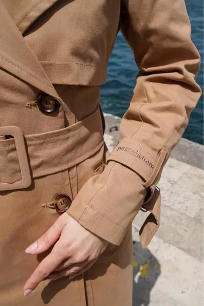 % Cotton Gabardine Midi (CM) Lined Belted Women's Trench Coat 