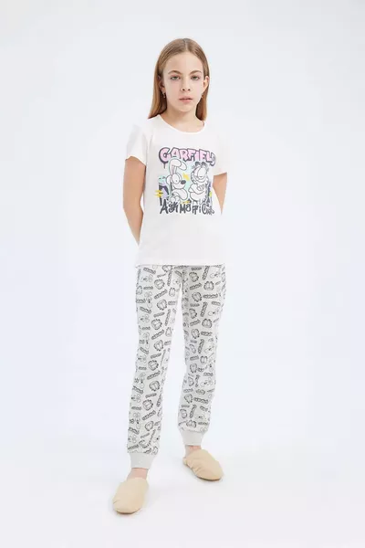 Girls' Garfield Pajama Set Short Sleeve Top with Elastic Waist Long Bottom SM