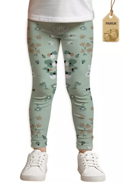 Mädchenleggings Grün mit Blumenmuster, saisonal/sommerlich, bequem, elastische Baumwolle, atmungsaktiv, lang
