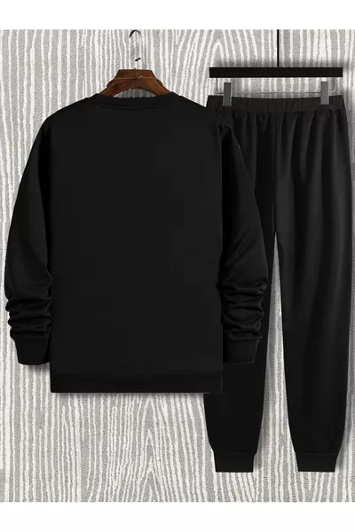 Black Eagle Jogger Sweatshirt and Pants Set Oversized Printed Crew Neck
