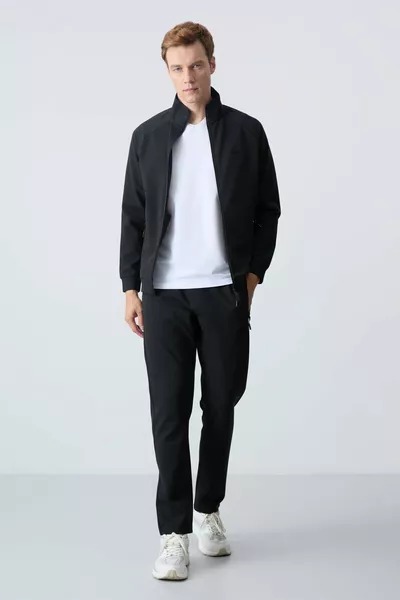 أسود الوقوف الياقة مزدوجة اللون عارضة شكل الكلاسيكية الساق الرجال طقم بدلة رياضية للرجال - 