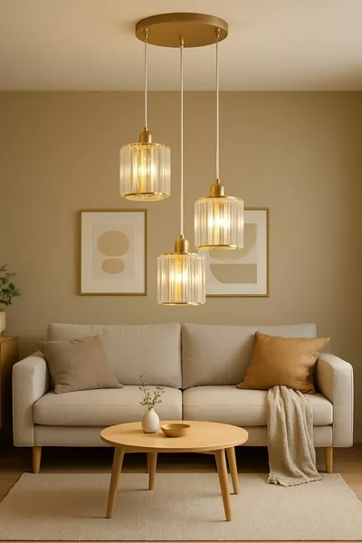 ثريا معلقة ثلاثية حديثة مزخرفة بحجر كريستال ذهبي اللون لغرفة المعيشة والمطبخ والردهة والغرفة