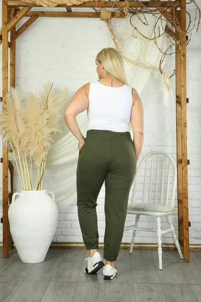 Kadın Haki Beli Lastikli Cepli Büyük Beden Eşofman Altı