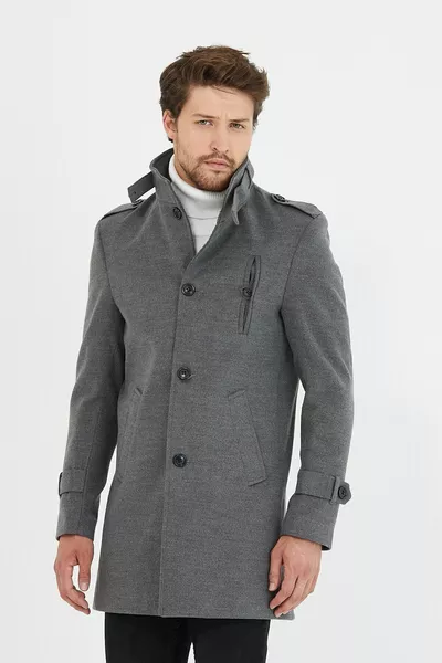 Cappotto da uomo grigio a taglio stretto con collo alto in misto lana lungo