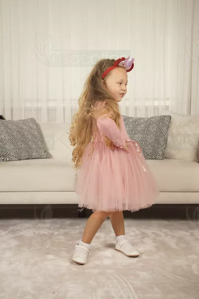 Tüllü Baskısız Düz Üst Kısım Ribana Alt Kısım Astarlı Tütü Etek Kız Çocuk Prenses Uzun Kollu Elbise