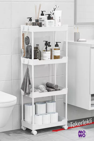 رف حمام بأربع طبقات بعجلات بيضاء من موو، رف المطبخ، حامل المناشف، حاملة المنظفات، منظم مستحضرات التجميل فيسكين
