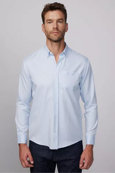 Erkek Regular Fit Klasik Kesim Düz Yaka Düğmeli Cepli Mavi Gömlek