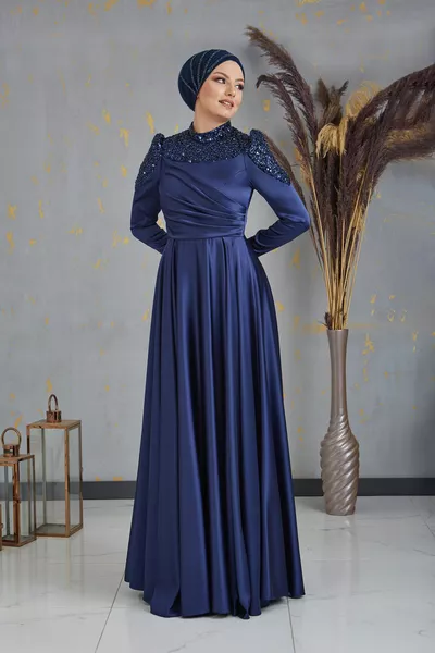 الترتر حبة التطريز Bersu الحجاب مساء اللباس الأزرق الداكن