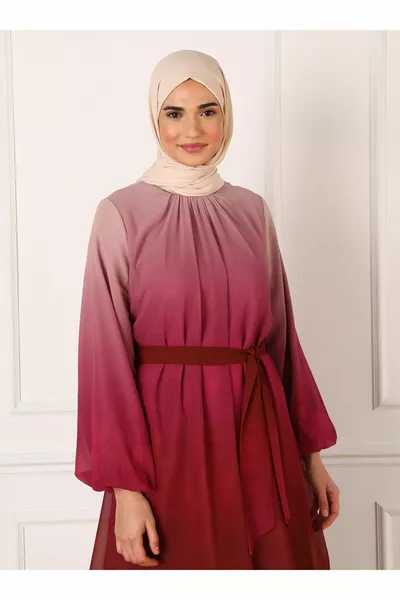 Robe de soirée hijab en mousseline de soie à motifs dégradés ceinturés - Rose - Refka