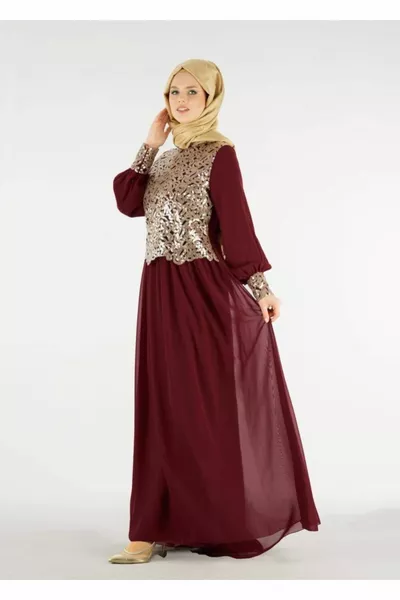 Burgunderfarbenes Abendkleid aus der T Fy Collection mit Paillettenbestickung für Damen