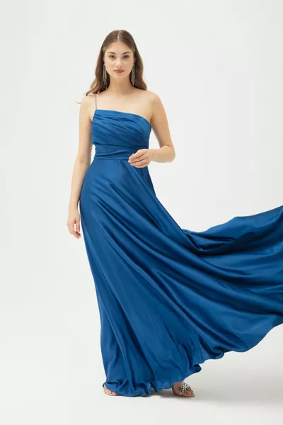 Damen Indigo Stein Strap Ausgestellt Schnitt Langes Satin Abendkleid