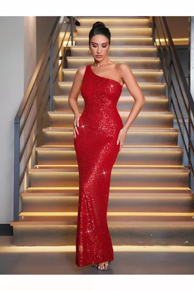 ROBE DE SOIRÉE POISSON À UNE ÉPAULE À SEQUINS