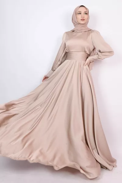 Dames Mink taille en mouw gedetailleerde satijnen hijab avondjurk