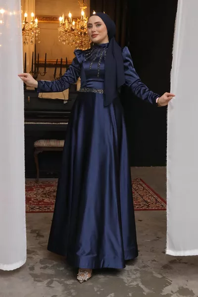 Lacivert Hakim Yaka Taş İşlemeli Saten Abiye