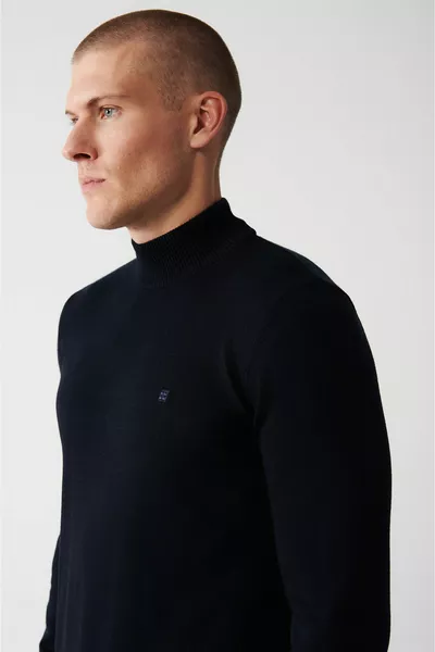 Pull en maille unisexe bleu marine pour homme demi-col roulé non plumeux coupe régulière 