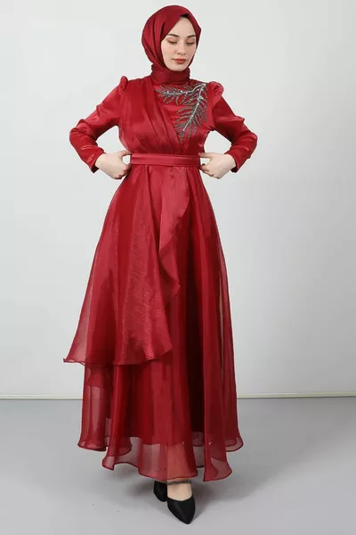Stone Organza Evening Dress Burgundy