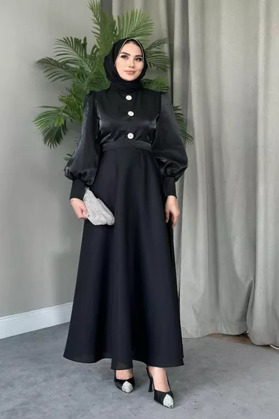 Вечернее платье с рукавом-баллоном на трех пуговицах Черный