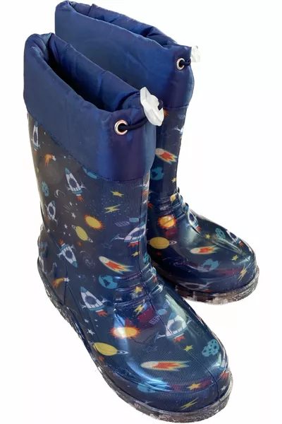 Тъмносини водоустойчиви ботуши за дъжд с щампа за момчета с козина отвътре