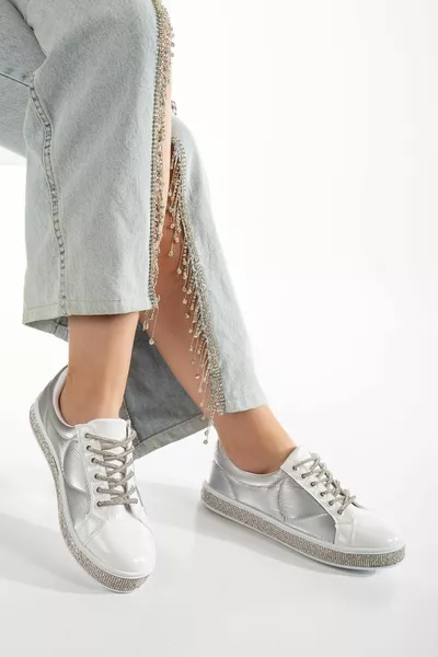 براءات الاختراع الجلود وحيد الدانتيل الحجر الفضة الأبيض أحذية رياضية نسائية