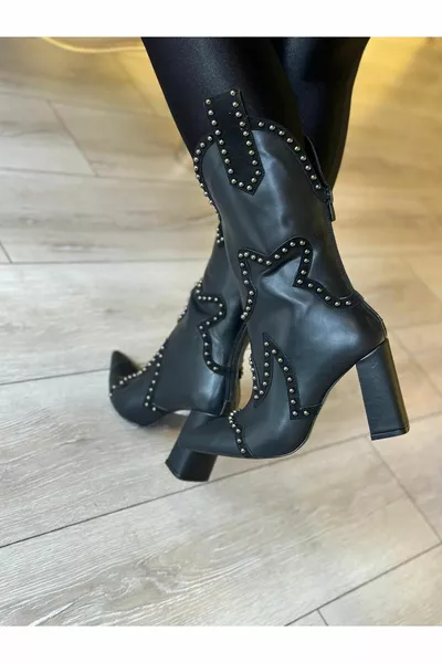 المرأة تصميم أسود مطرزة وأشار اصبع القدم أحذية رعاة البقر