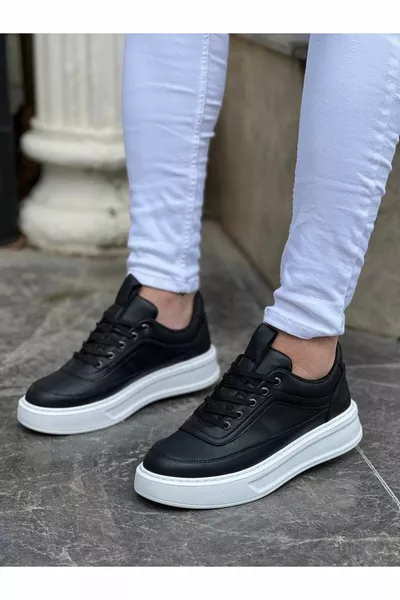 Chaussures Homme Casual Semelle Haute Semelle Haute À Lacets Peau Noire