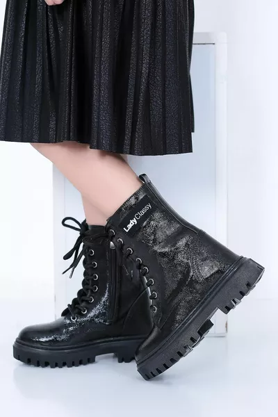 أحذية البنات ذات الدانتيل الجلدية اللامعة والأحذية بسحاب